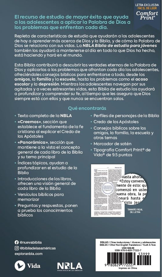 Biblia de Estudio para Adolescentes | NBLA | Tapa Dura | Azul | Comfort Print