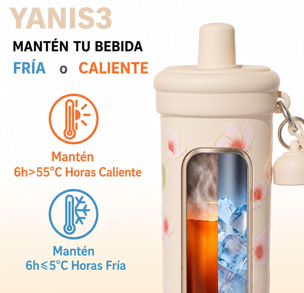 Vaso térmico | 600 ml | Acero inoxidable | Flor de melocotón