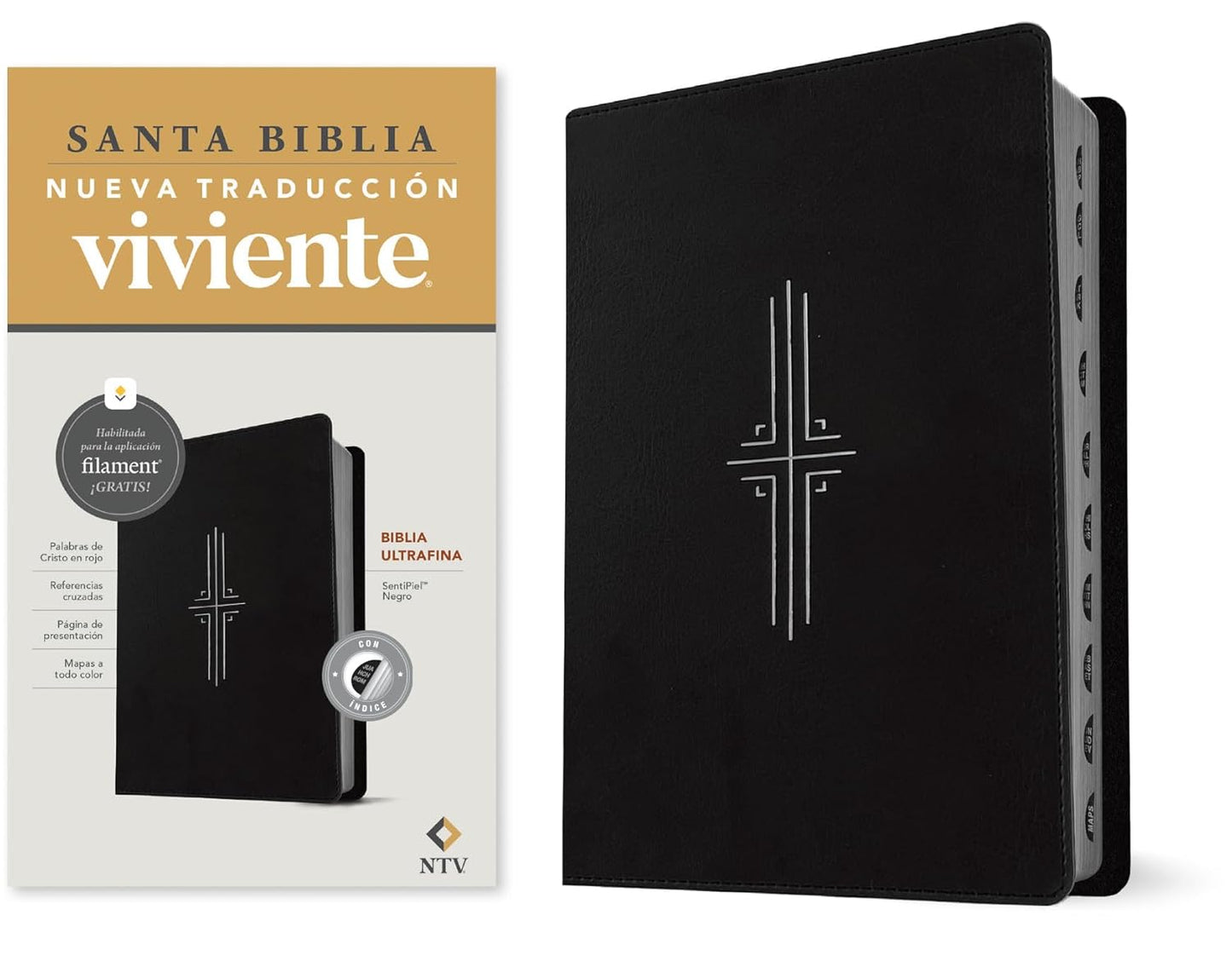 Biblia Ultrafina NTV | Filament App | Negro | SentiPiel con índice | Letra roja