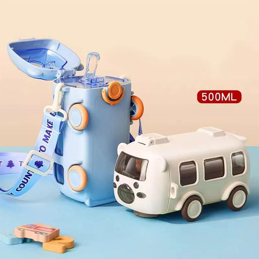 Botella Infantil Autobús con Ruedas | 500 ml | Con pajita y correa | Celeste