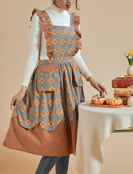Delantal | Estampado floral | Gris con marrón
