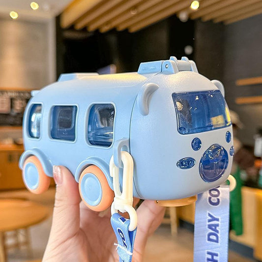 Botella Infantil Autobús con Ruedas | 500 ml | Con pajita y correa | Celeste