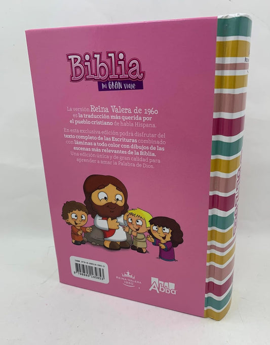 Biblia para Niñas Letra Grande 10 Puntos Mi Gran Viaje Portátil RVR60 | Rosa Rayas | Tapa Dura