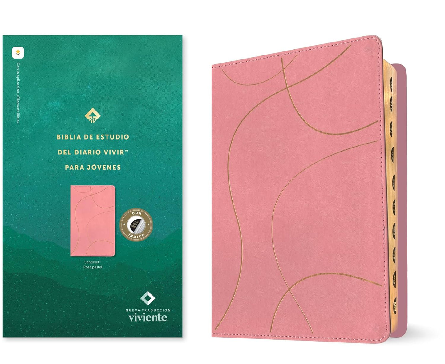Biblia de Estudio del Diario Vivir para Jóvenes | NTV | Rosa pastel | SentiPiel con índice | Letra grande roja | Con Filament App