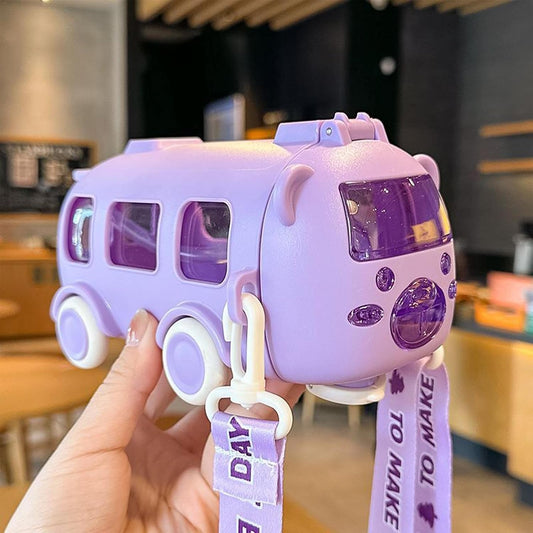 : Botella Infantil Autobús con Ruedas | 500 ml | Con pajita y correa | Lila