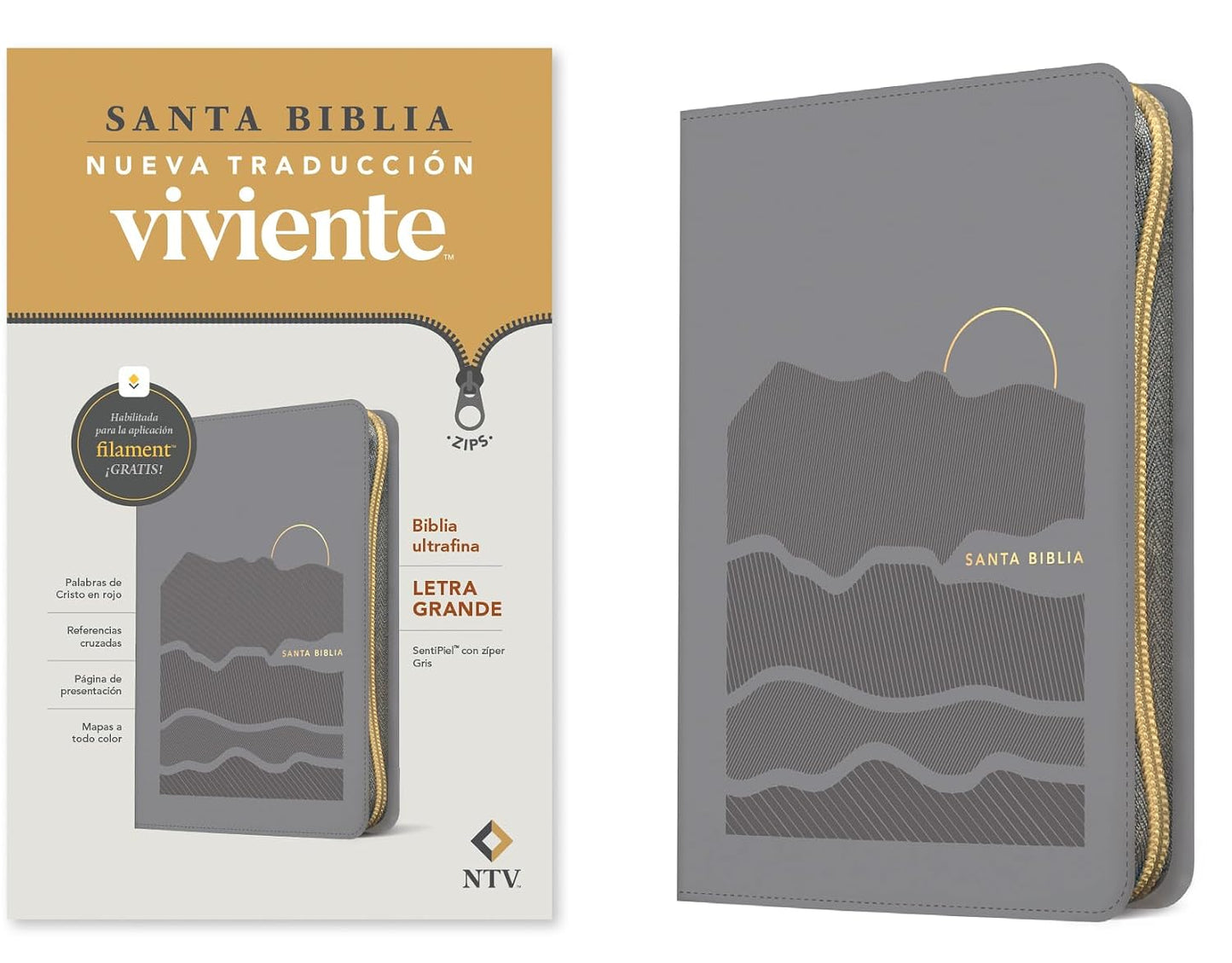 Biblia ultrafina | NTV | Letra grande | Zíper | Filament | SentiPiel gris | Letra roja