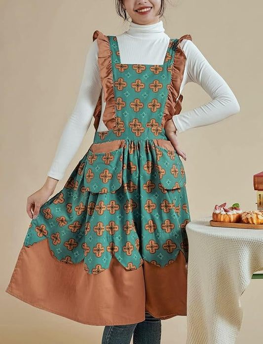 Delantal | Estampado floral |  Turquesa con marrón
