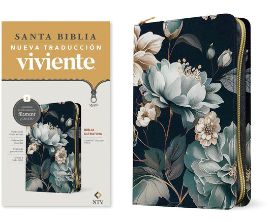 Biblia Ultrafina NTV con cierre y Filament App | SentiPiel Floral – Letra Roja