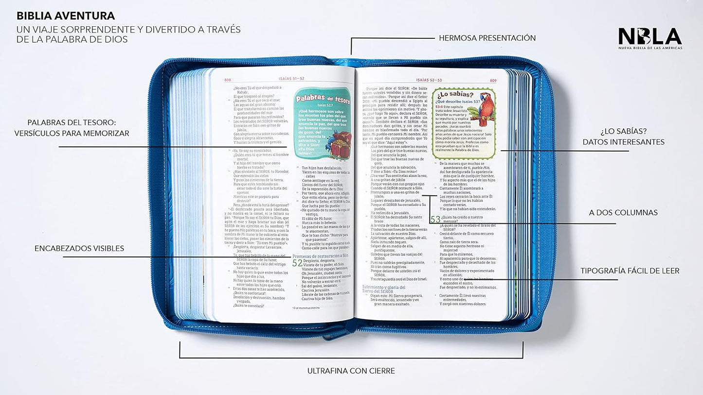 Biblia Aventura | NBLA | Interior a color | Leathersoft azul | Con cierre