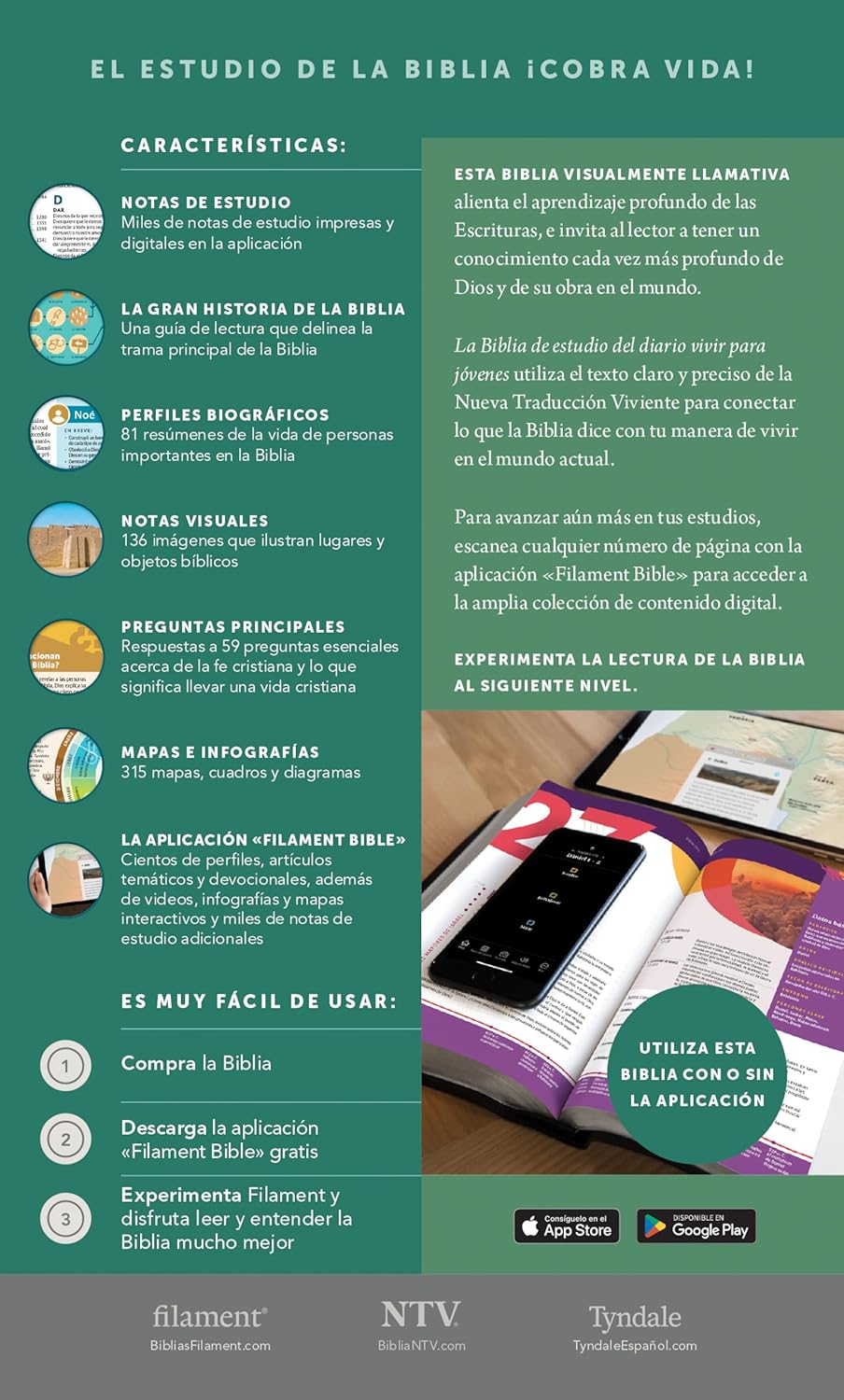 Biblia de Estudio del Diario Vivir para Jóvenes | NTV | Rosa pastel | SentiPiel con índice | Letra grande roja | Con Filament App