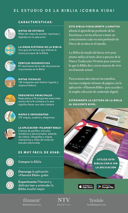 Biblia de Estudio del Diario Vivir para Jóvenes | NTV | Rosa pastel | SentiPiel con índice | Letra grande roja | Con Filament App