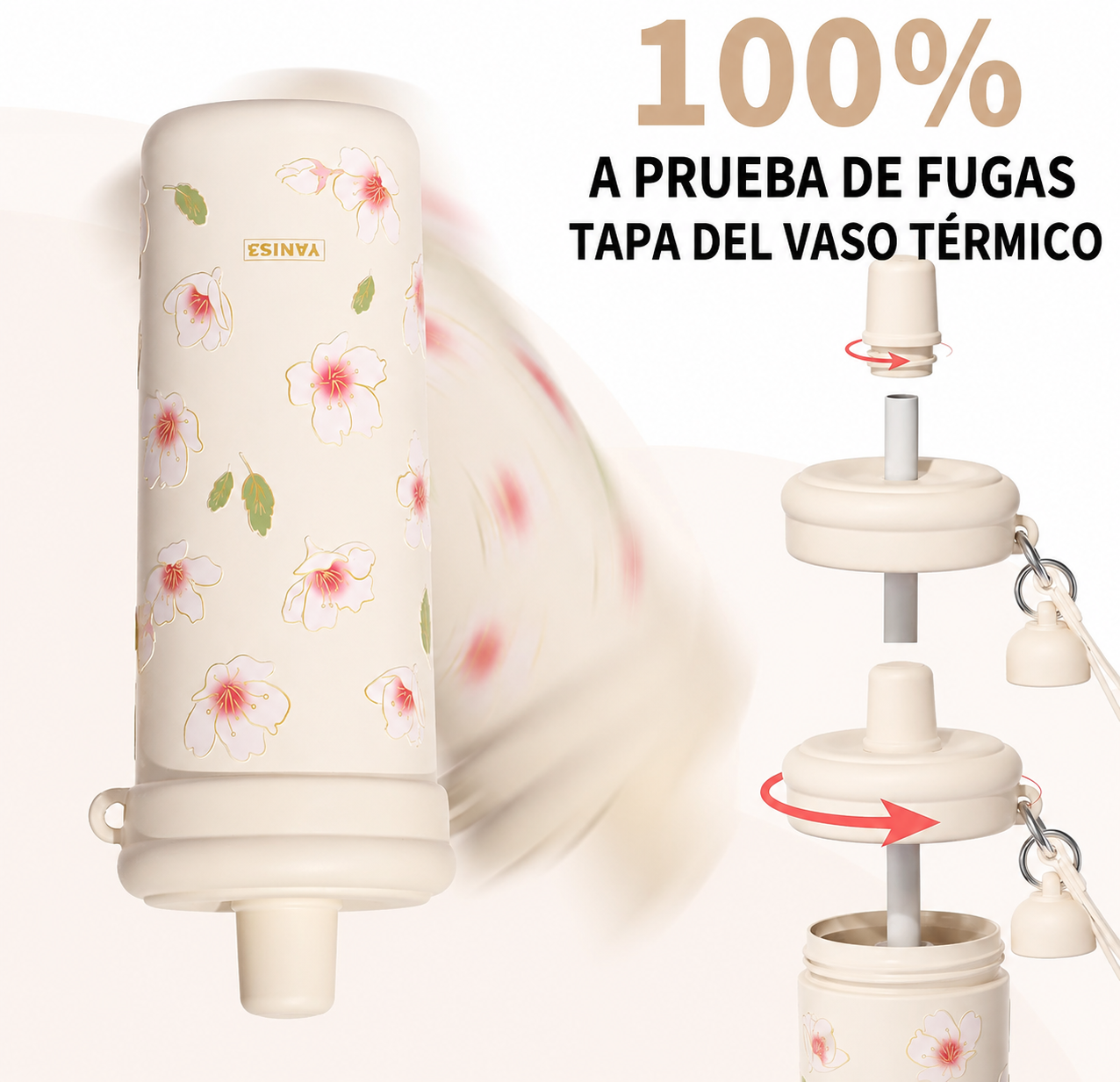 Vaso térmico | 600 ml | Acero inoxidable | Flor de melocotón