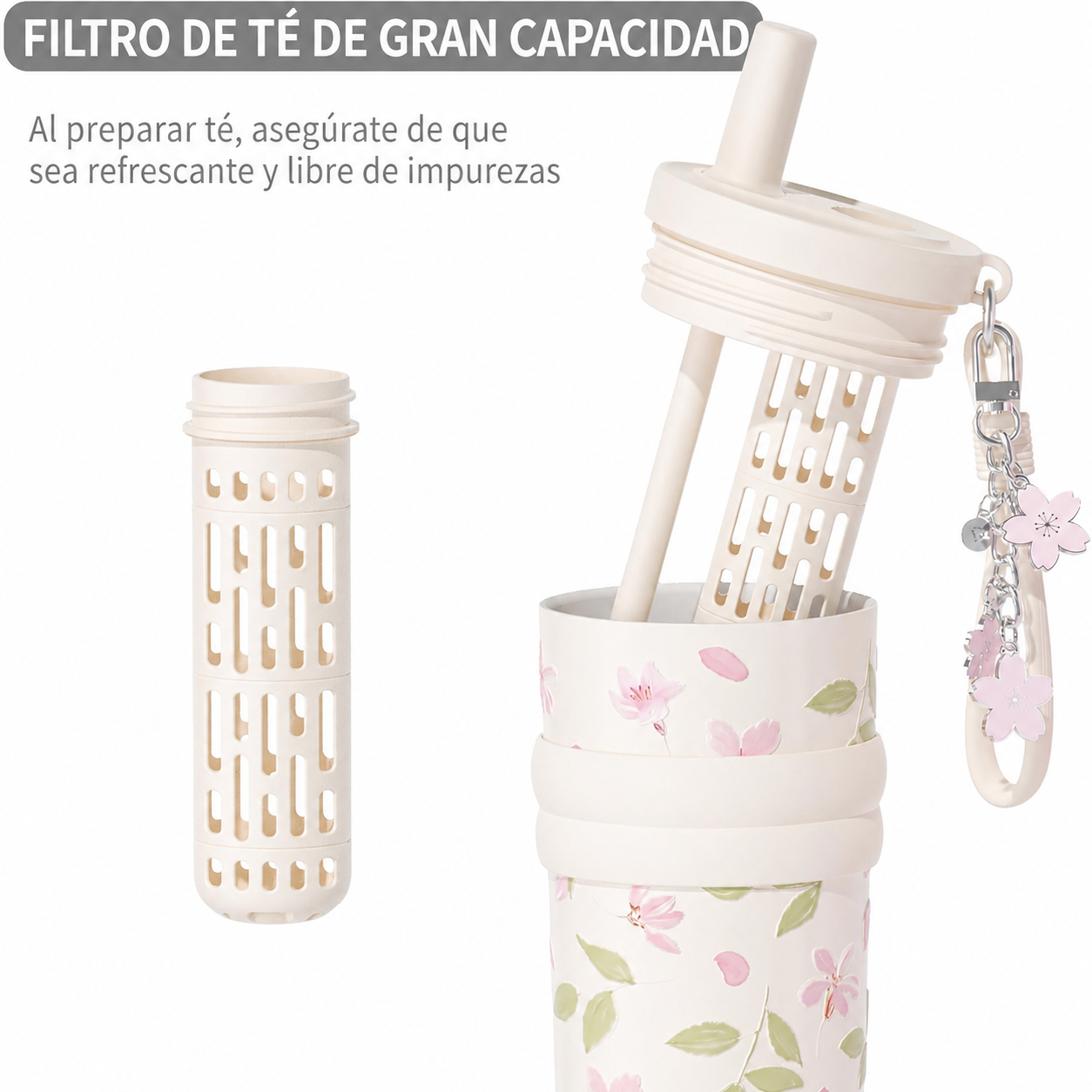 Vaso térmico | 550 ml | Acero inoxidable | Diseño floral en relieve | Flor de durazno