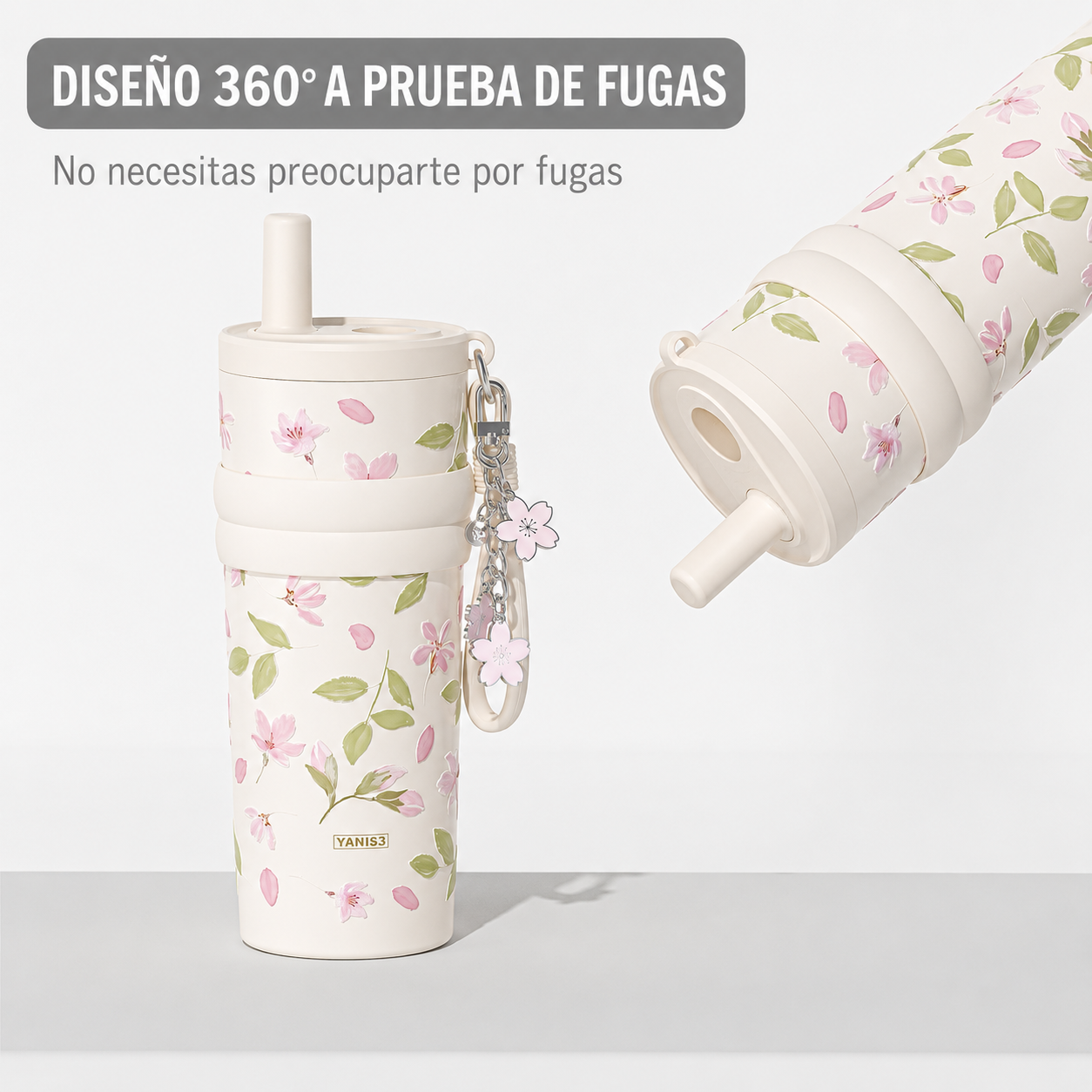 Vaso térmico | 550 ml | Acero inoxidable | Diseño floral en relieve | Flor de durazno