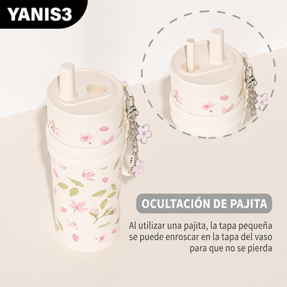 Vaso térmico | 550 ml | Acero inoxidable | Diseño floral en relieve | Flor de durazno