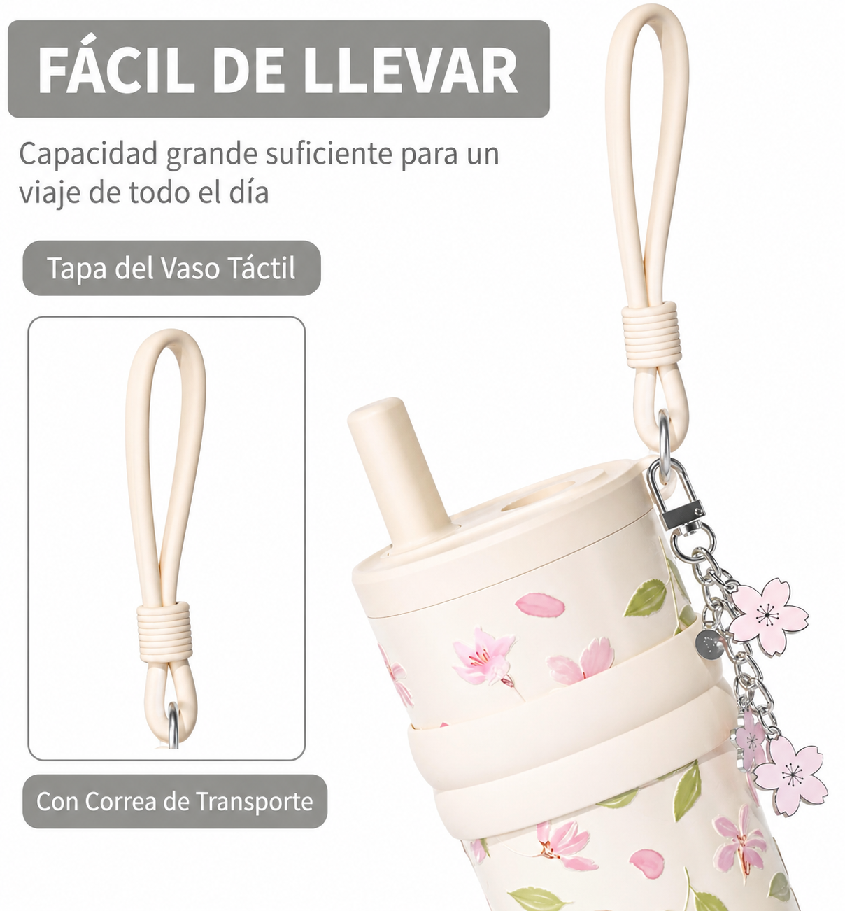 Vaso térmico | 550 ml | Acero inoxidable | Diseño floral en relieve | Flor de durazno