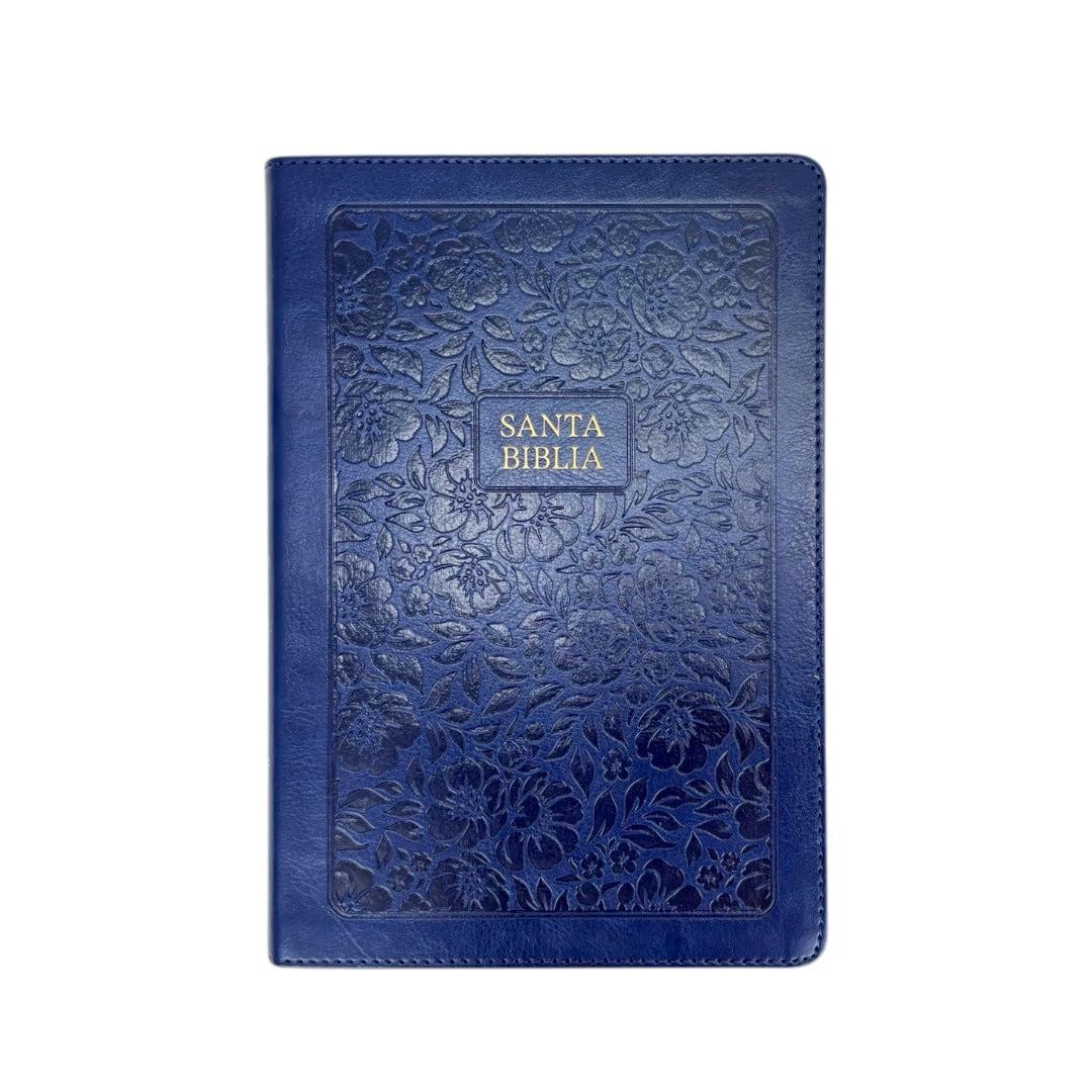 Biblia Reina Valera 1960 | Letra grande 12 pts | Tamaño manual | Símil piel azul marino con flores | Español