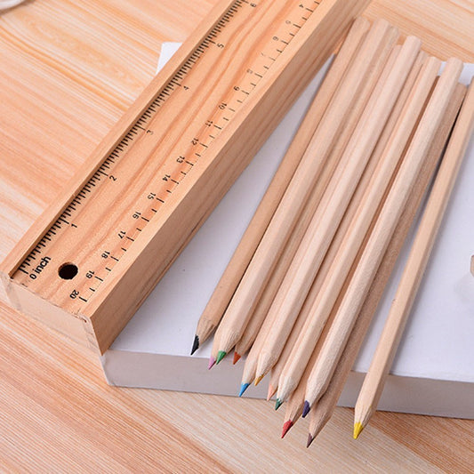 Set de Lápices de Colores con Caja de Madera y Regla - 12 Colores