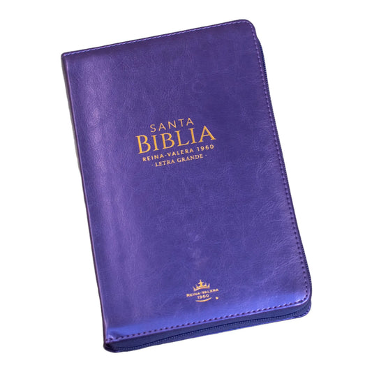 Biblia Reina Valera 1960 | Letra grande 12 pts | Tamaño manual | Imitación piel lila | Con cierre | Colección clásica