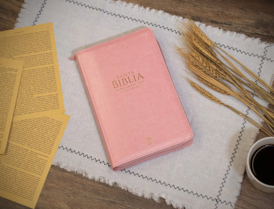 Biblia Reina Valera 1960 | Letra grande 12 pts | Tamaño manual | Imitación piel rosa claro | Con cierre