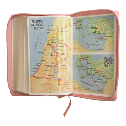 Biblia Reina Valera 1960 | Letra grande 12 pts | Tamaño manual | Imitación piel rosa claro | Con cierre