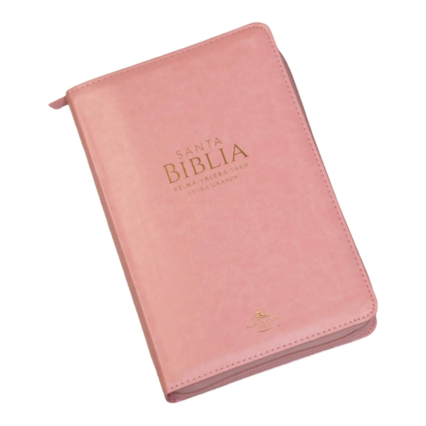 Biblia Reina Valera 1960 | Letra grande 12 pts | Tamaño manual | Imitación piel rosa claro | Con cierre