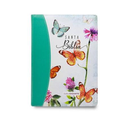 Biblia Reina Valera 1960 | Letra gigante 15 pts | Diseño mariposa turquesa/rosa | Imitación piel | Español