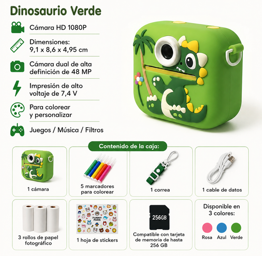 Cámara Infantil de Impresión Instantánea | Dinosaurio Verde
